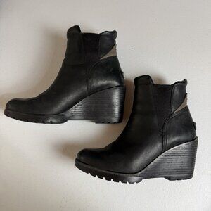 Sorel Women's After Hours Wedge Ankle Boot Pull On Black Leather‎ Size 8